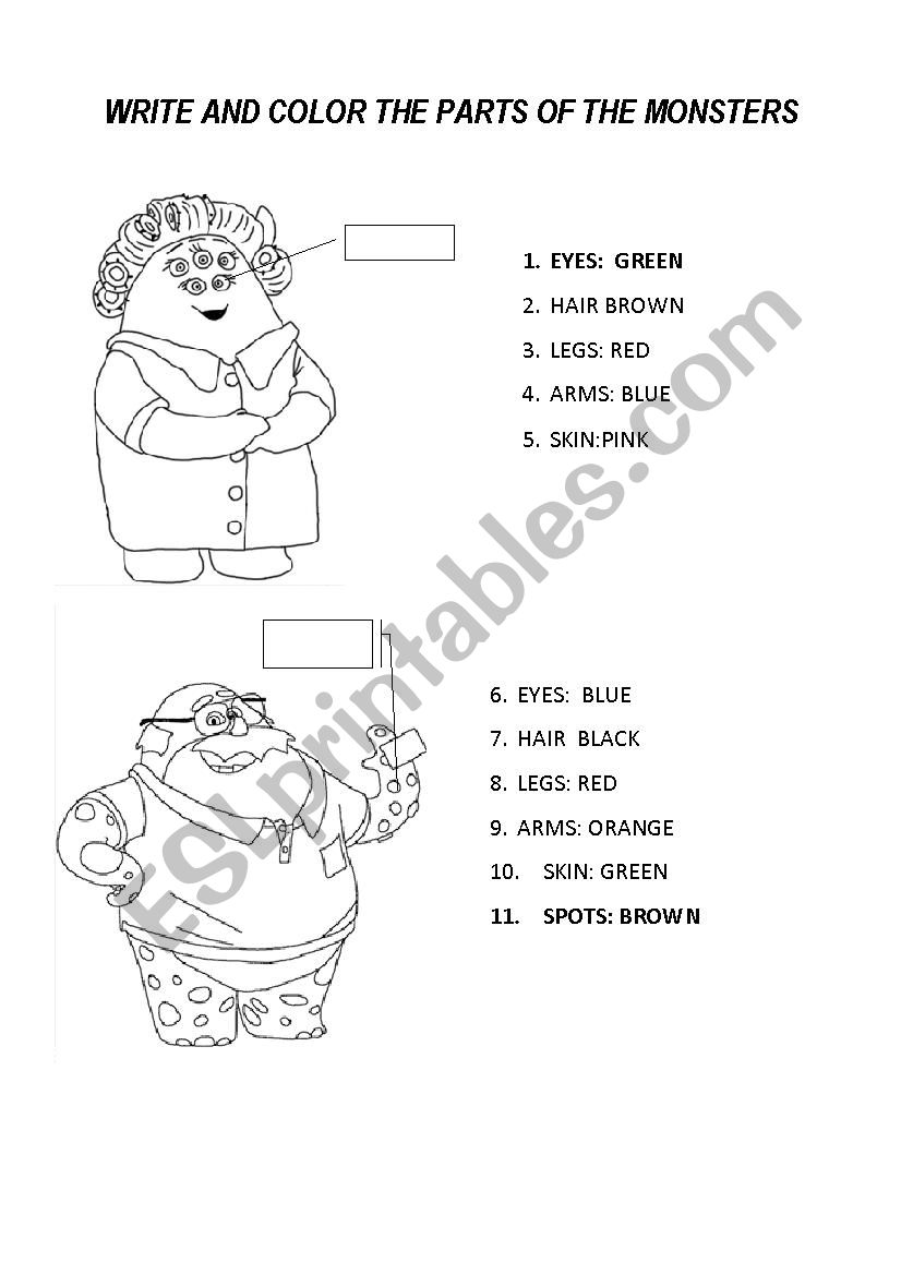 PARTS OF THE MONSTERS worksheet