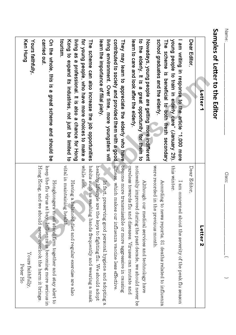 Sample of Letter to Editor worksheet