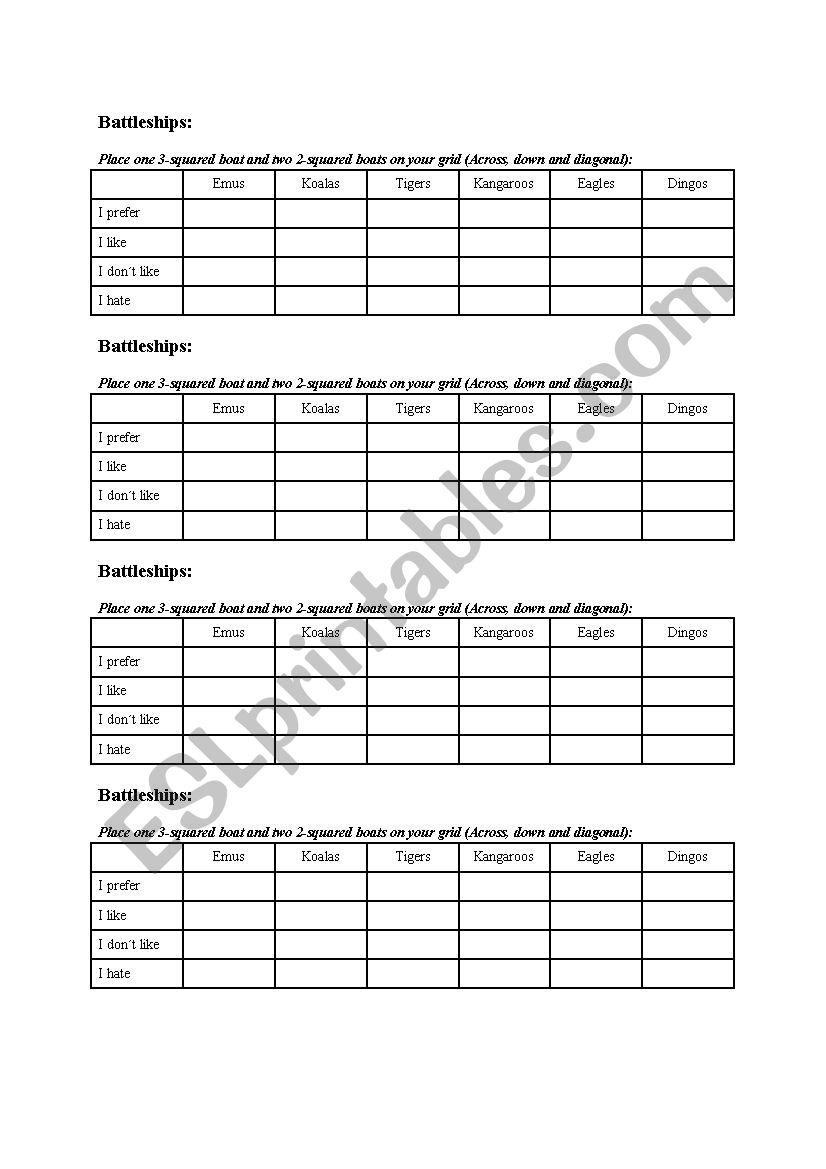 Battleship opinion and sport worksheet