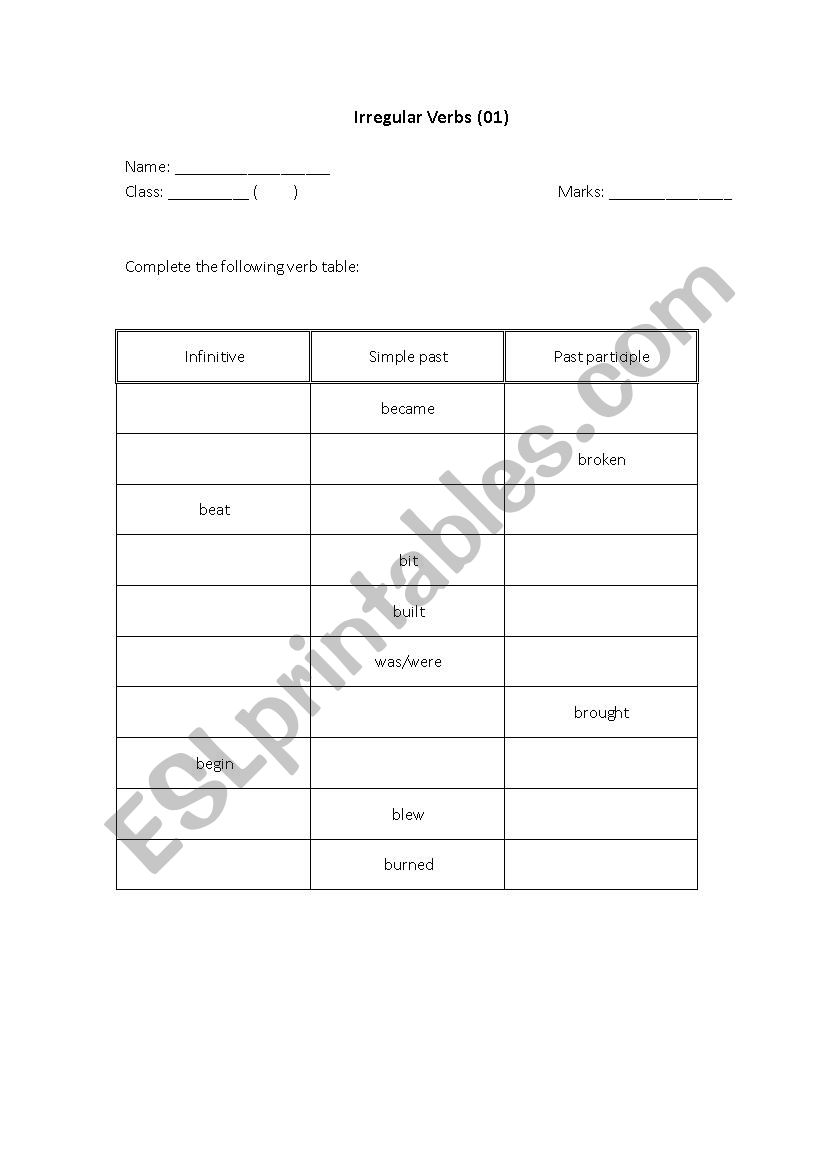 Irregular Verb Table worksheet