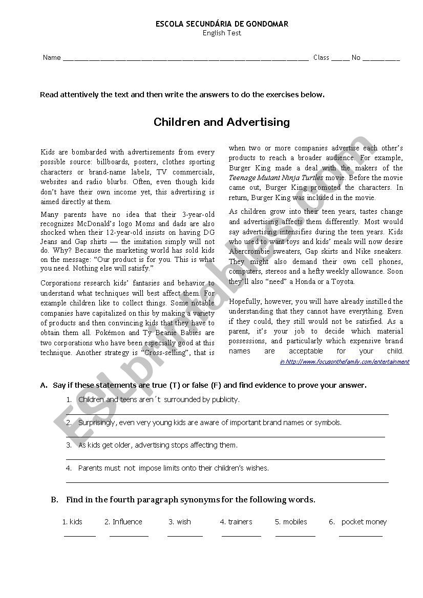 Children and Advertising worksheet