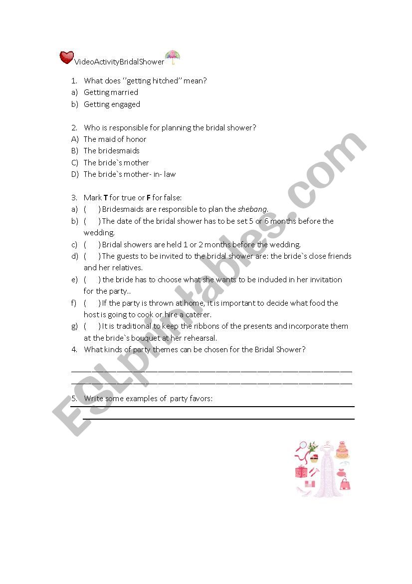 Bridal Shower worksheet