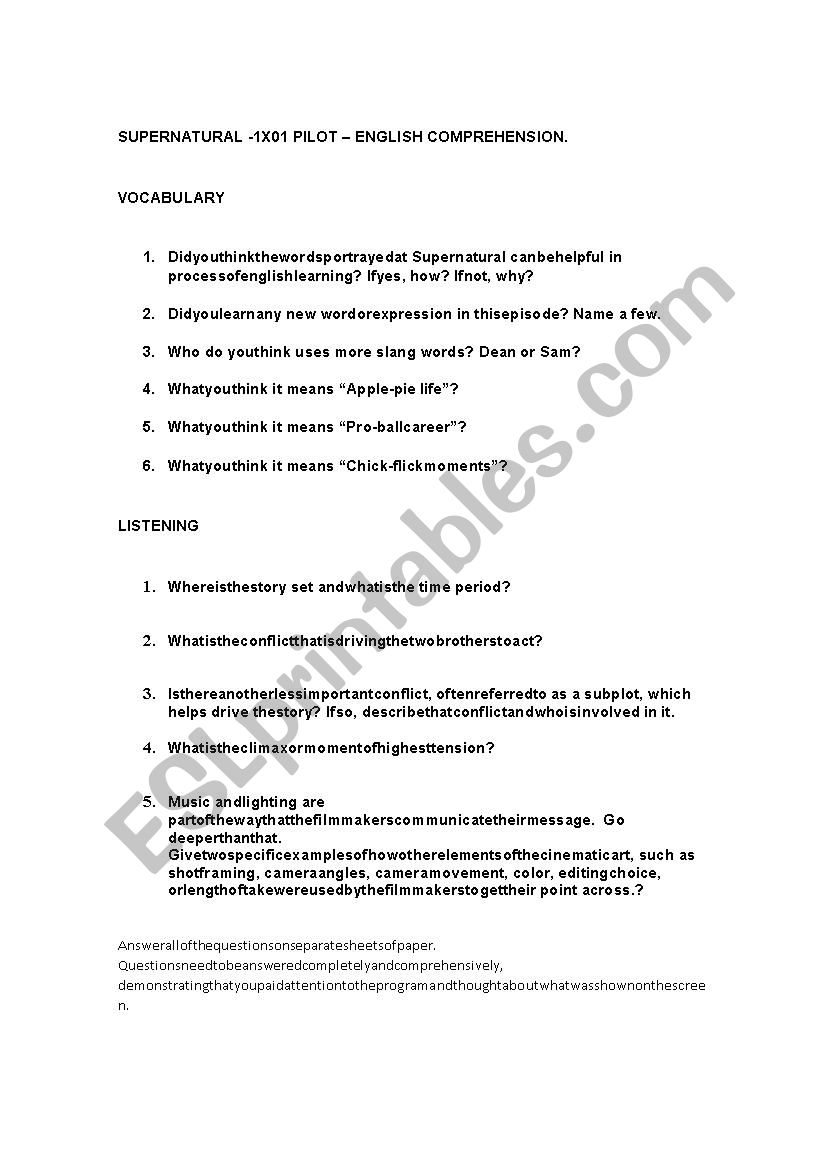 SUPERNATURAL WORKSHEET worksheet