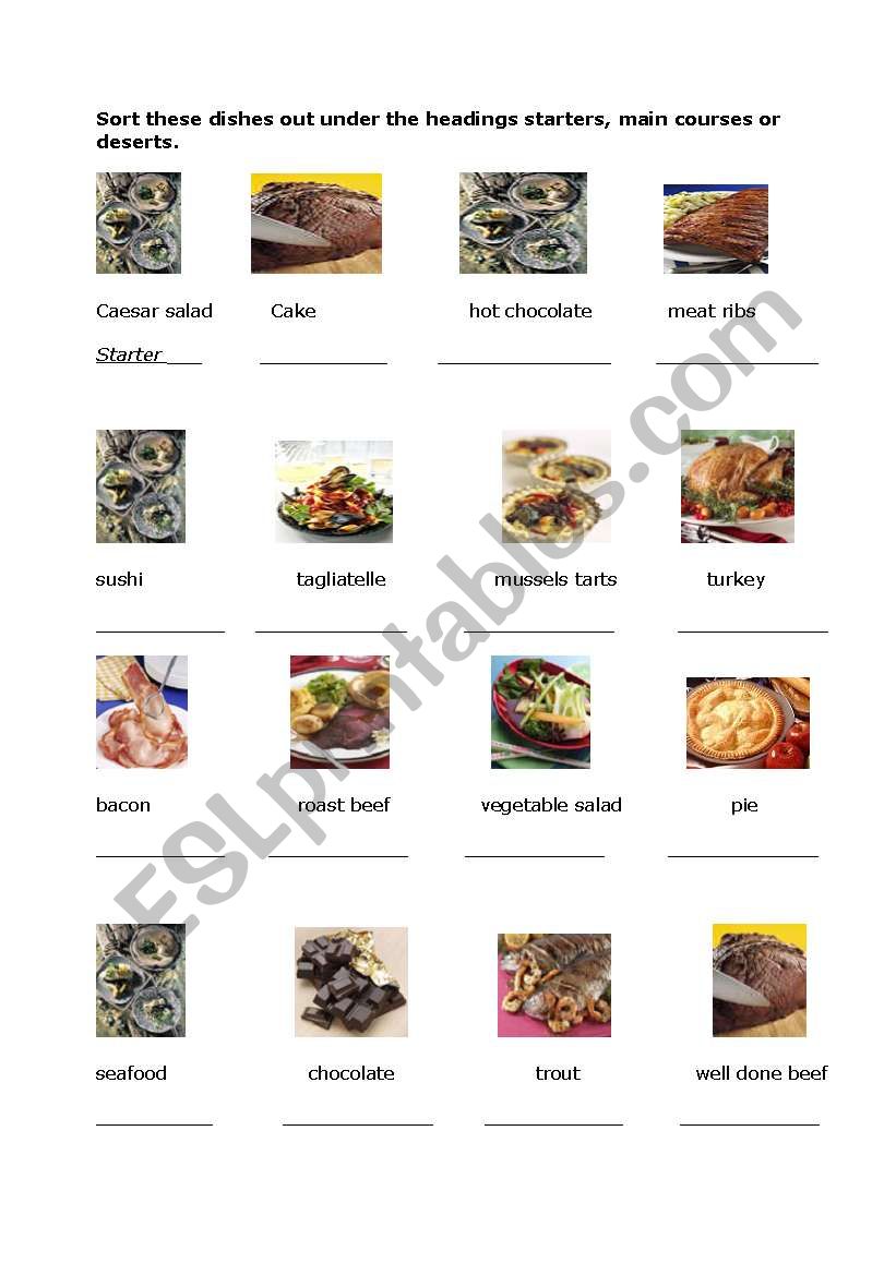 sort dishes like in a menu worksheet