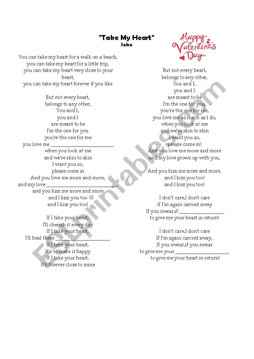 Song for valentine`s day - ESL worksheet by carors19