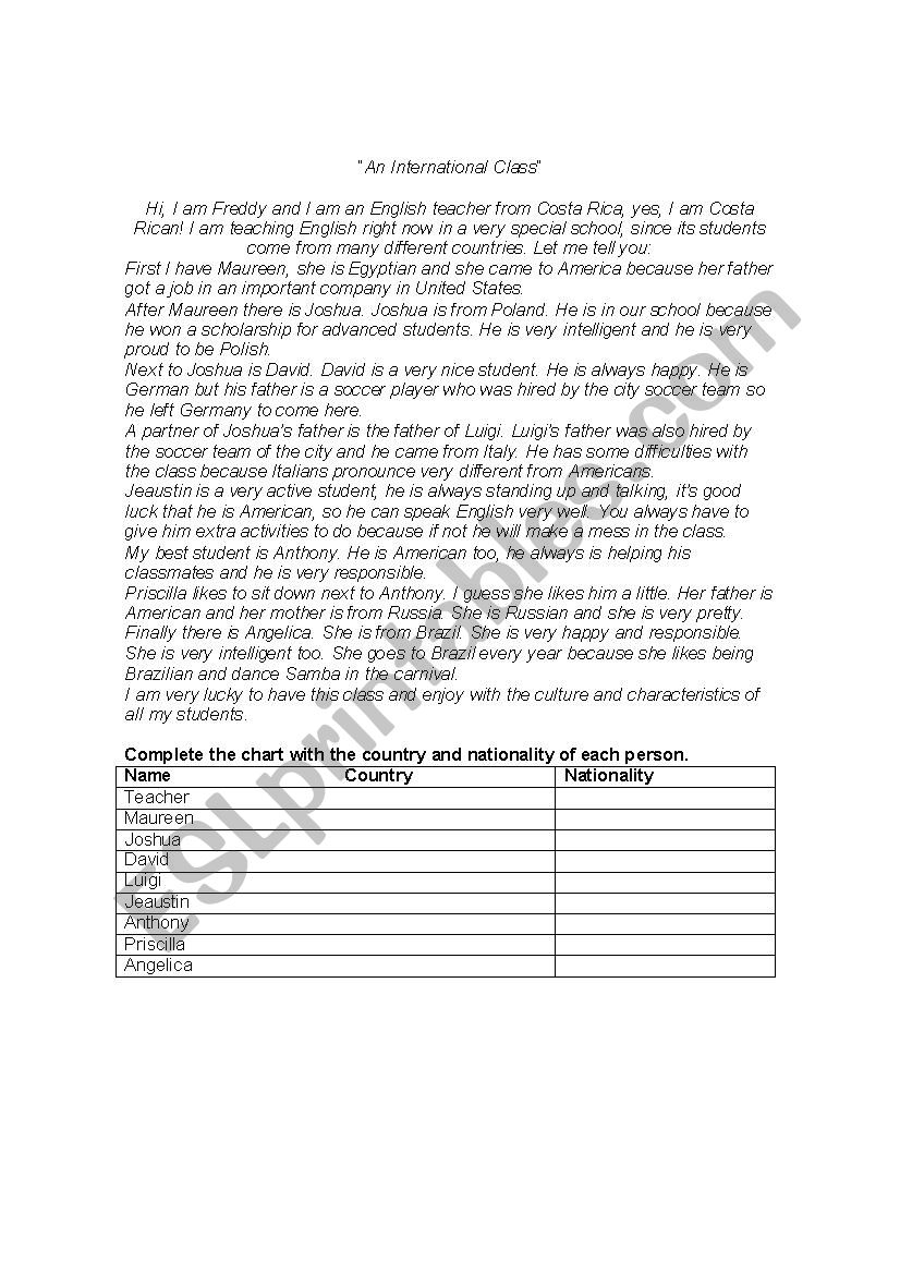 an international class worksheet