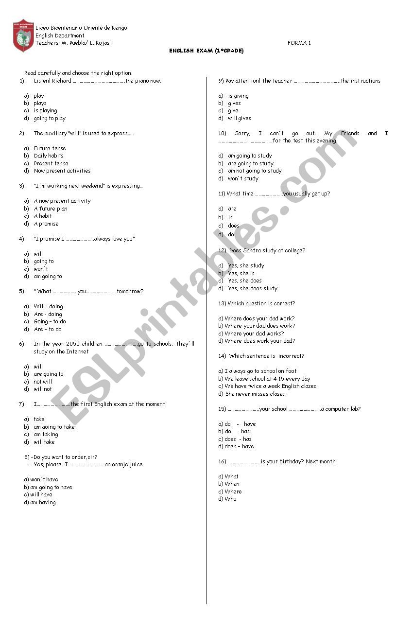 exam worksheet