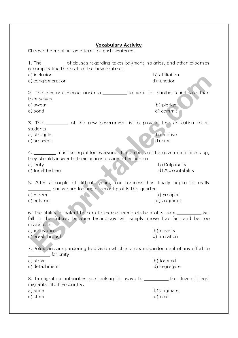 Vocabulary regarding economy worksheet