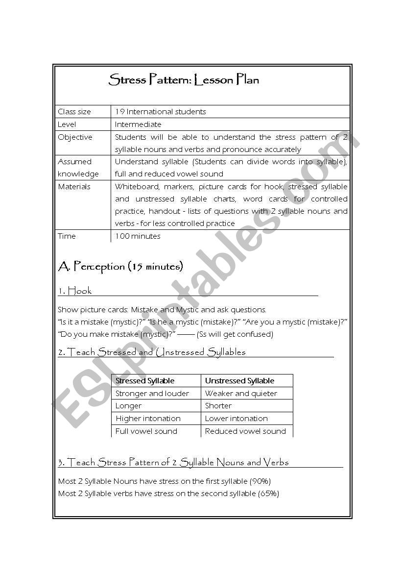 stress pattern lesson plan worksheet