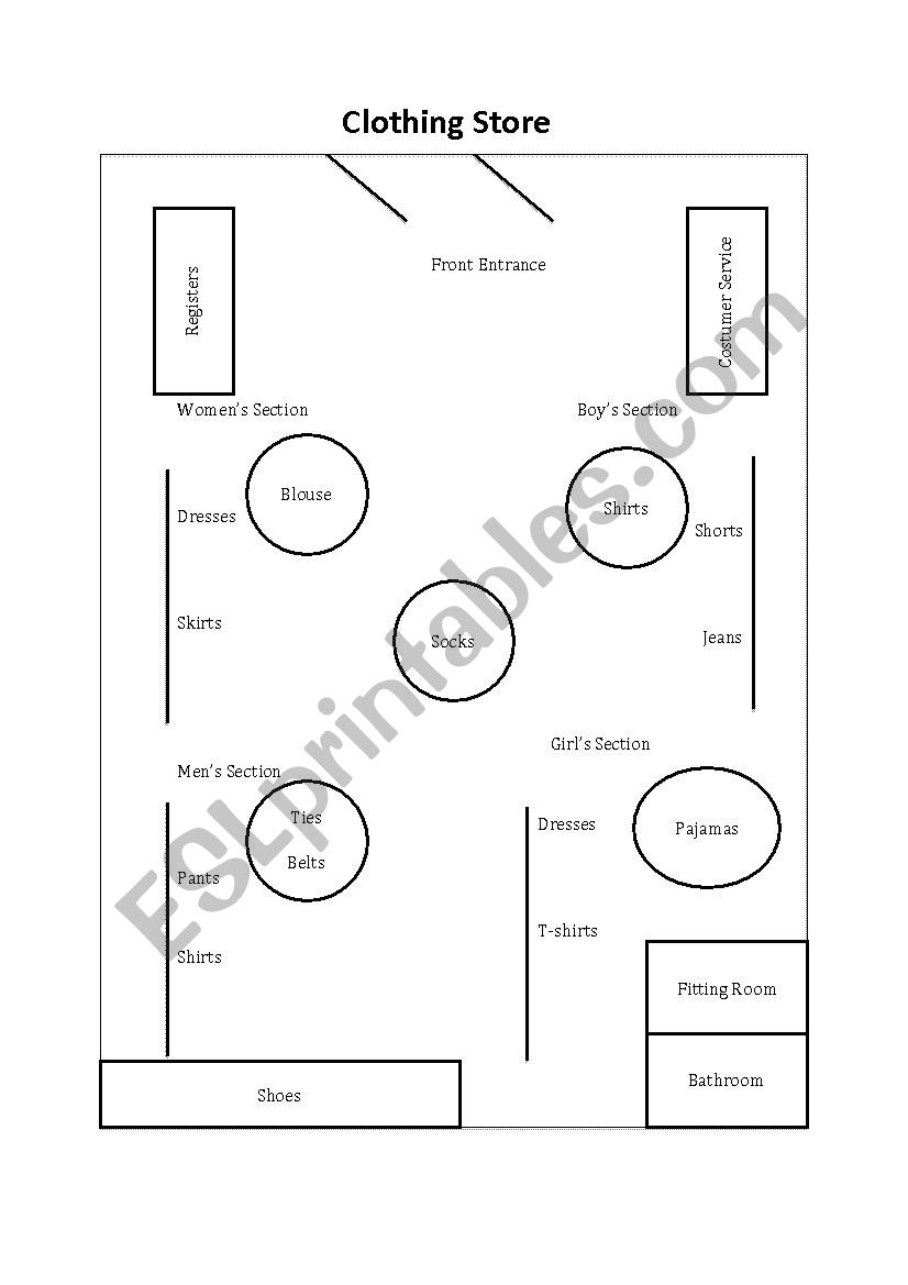 Clothing Store Preposition worksheet