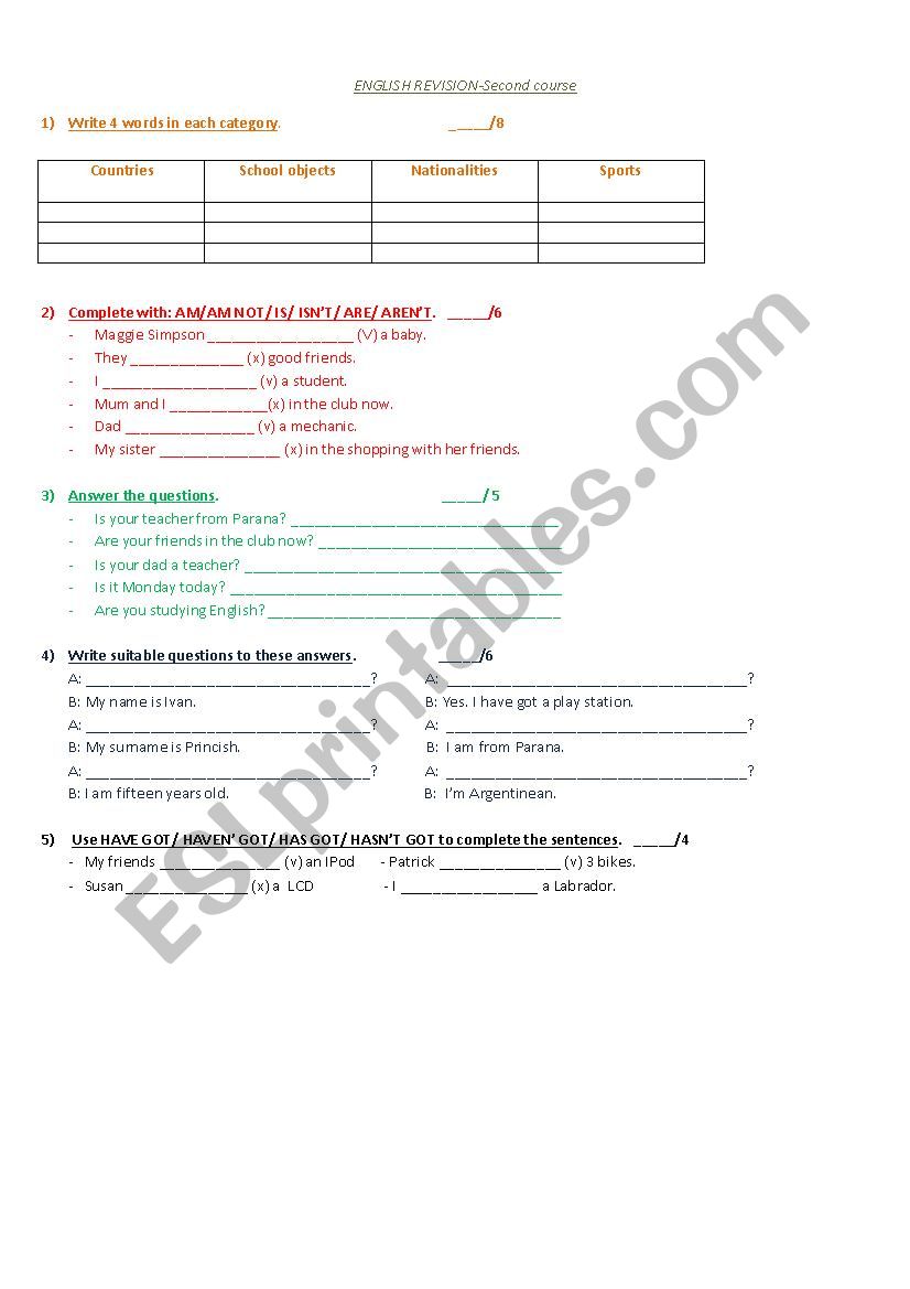 Revision of topics worksheet