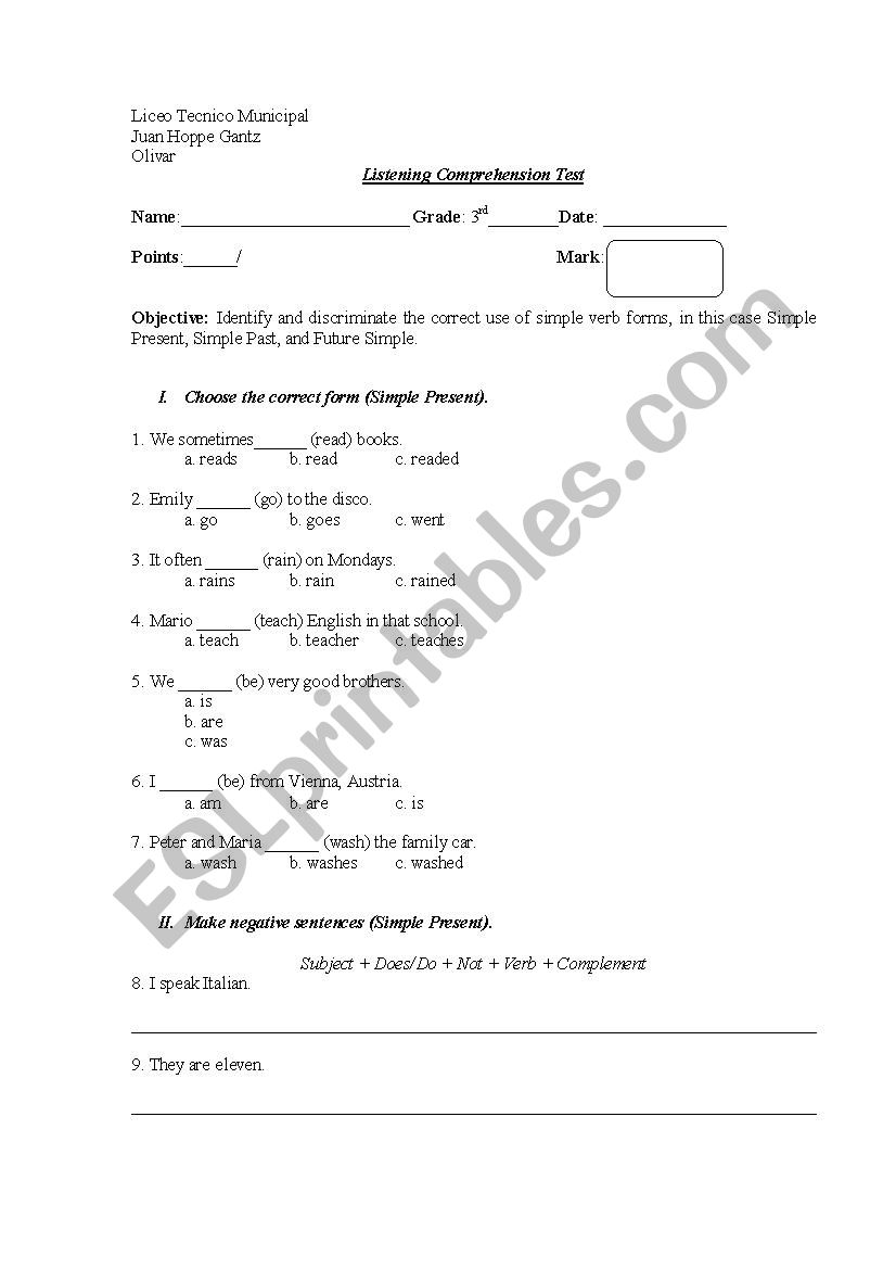 Simple Verb Forms Test worksheet