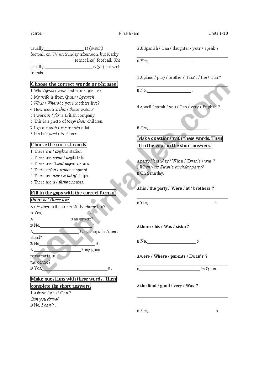 Face To Face Starter Final Exam Esl Worksheet By Abumusa566 53 Off