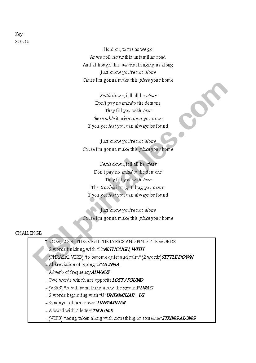 Phillip Phillips Home Song Challenge Esl Worksheet By Gabriel Aubert