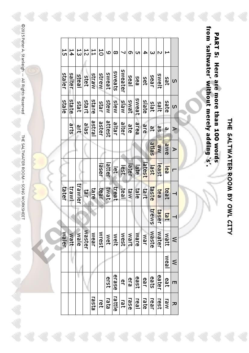 The Saltwater Room By Owl City Song Worksheet Esl