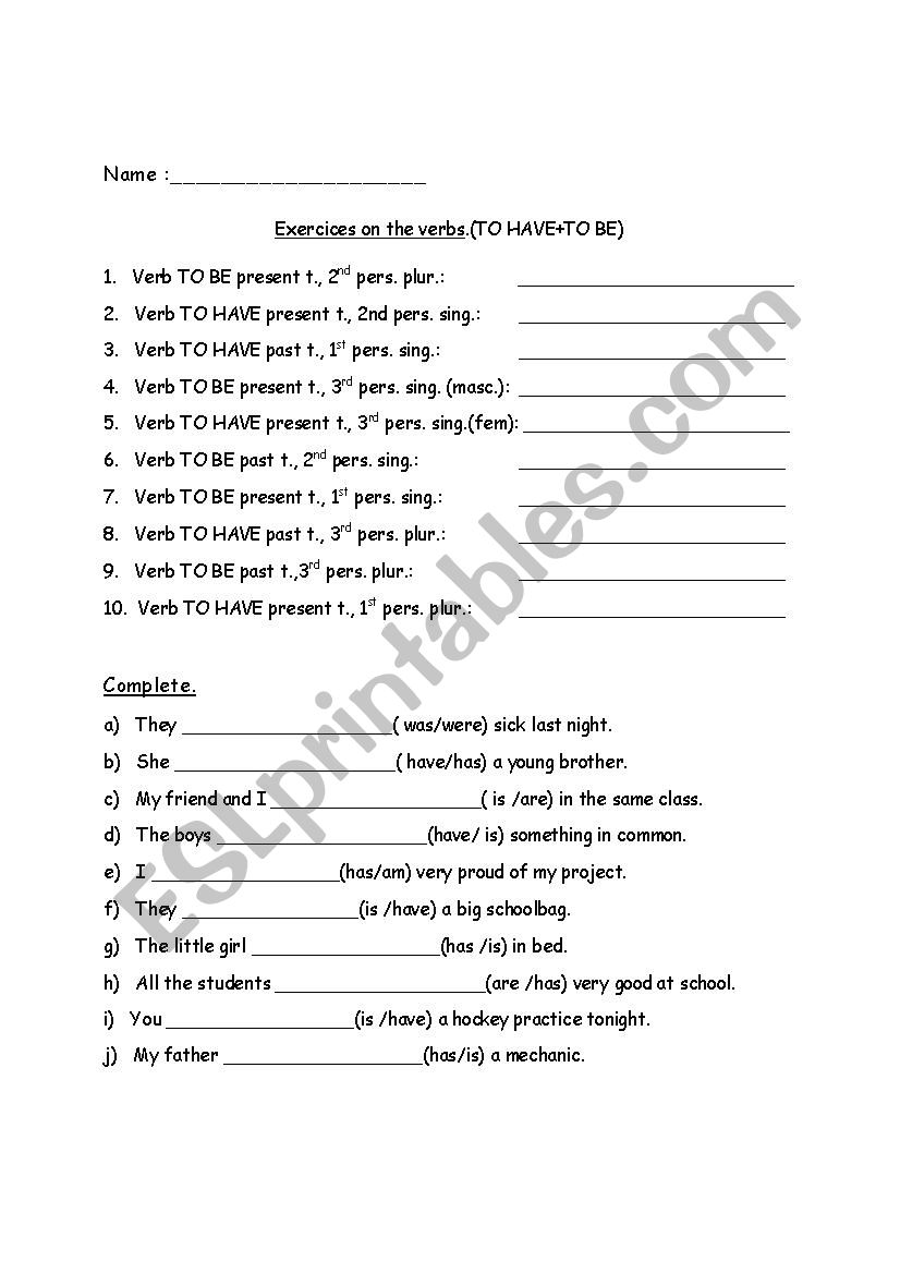 Verbs: TO HAVE + TO BE worksheet