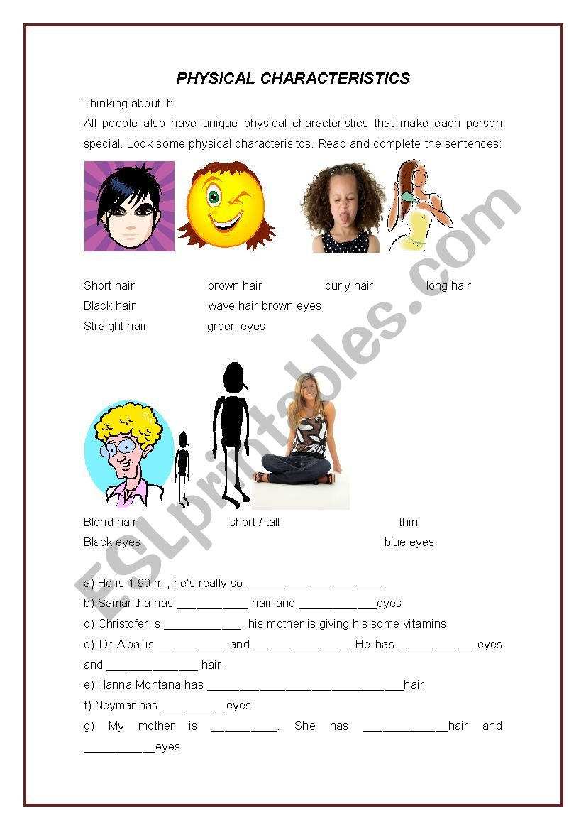 physical characteristics worksheet