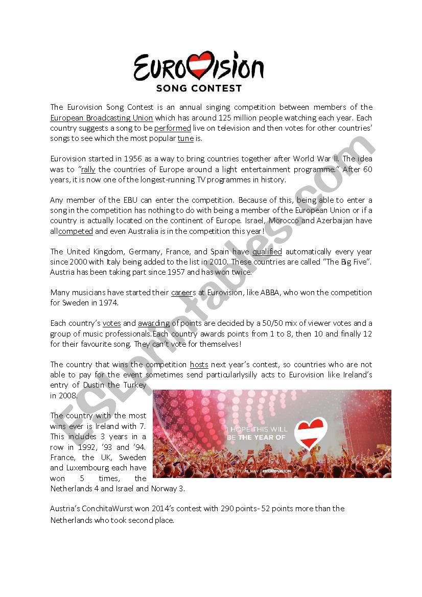 Eurovision Song Contest worksheet