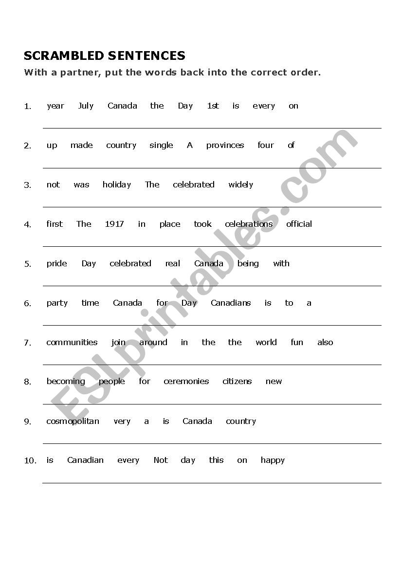 Scramble sentences Canada day worksheet