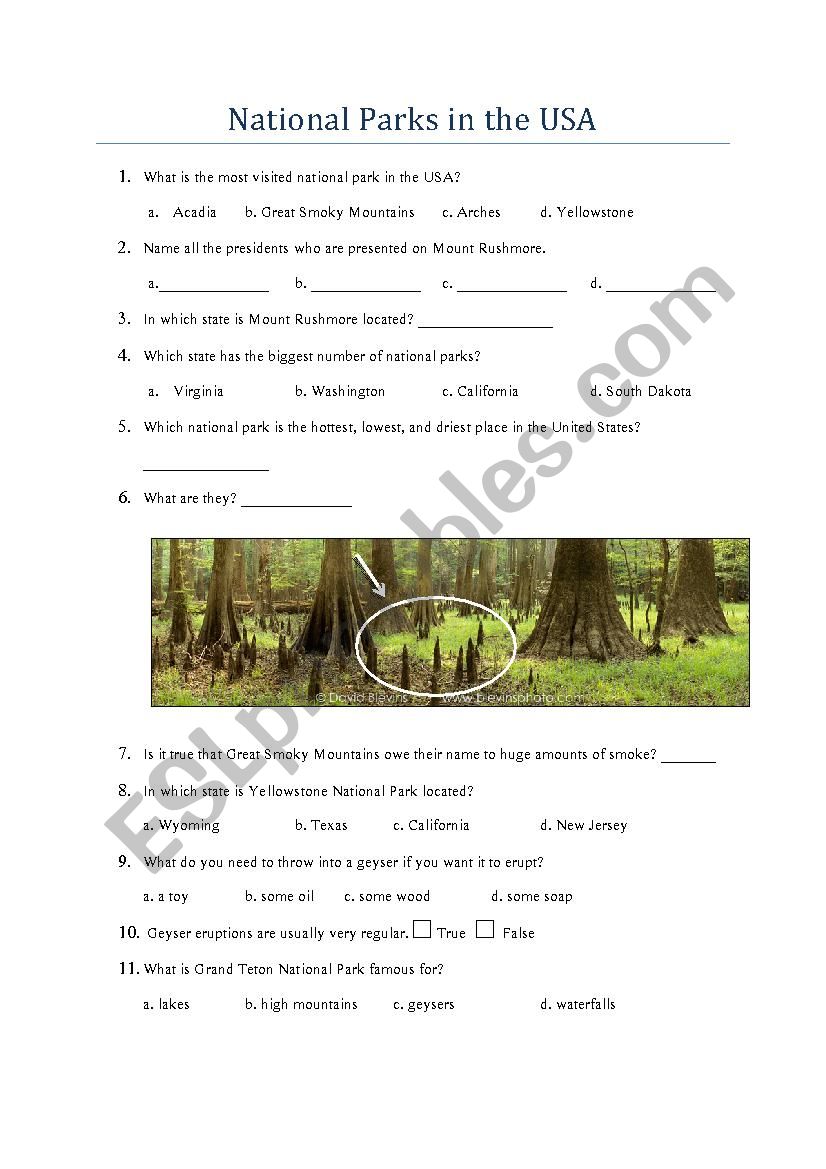 National Parks in the USA worksheet