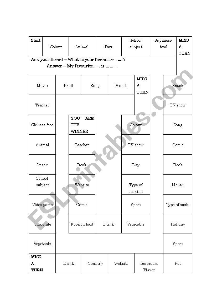 My favourites, board game worksheet