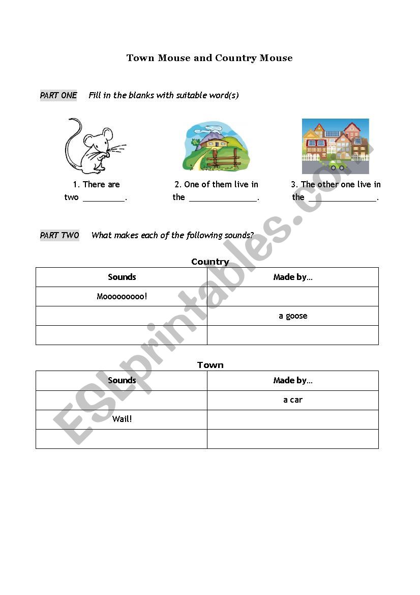 Country Mouse and Town Mouse worksheet