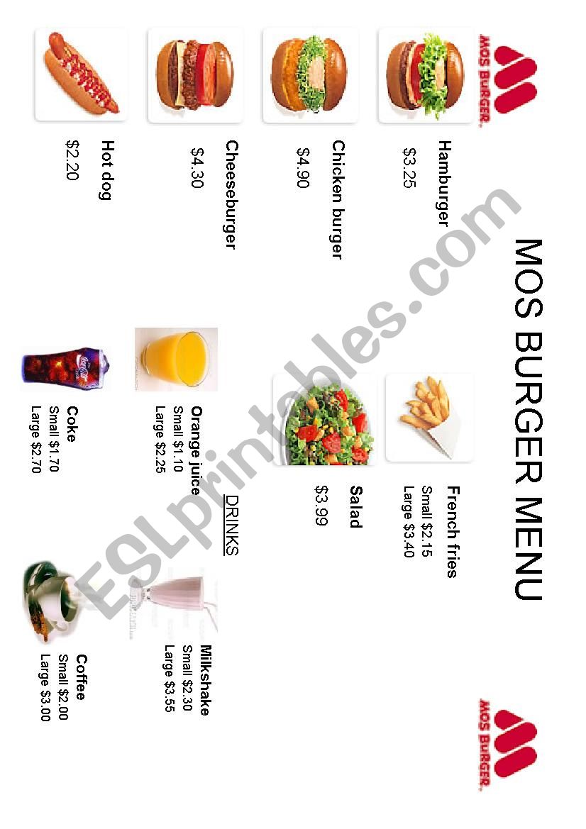 Mos Burger Menu worksheet