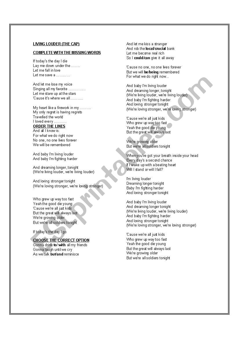 LIVING LOUDER  worksheet