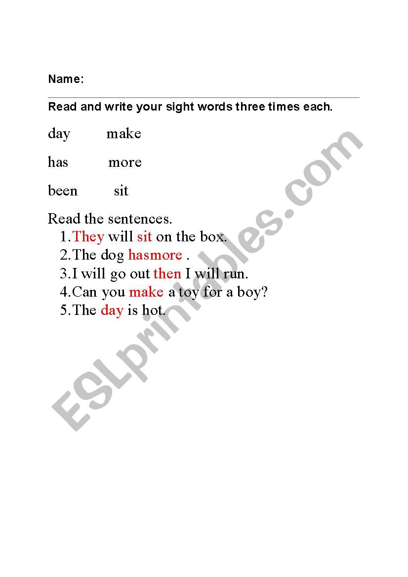 Sight words and Sentences Work Sheet