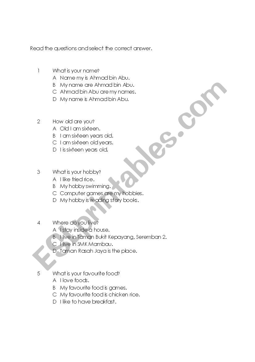 Questions and Answers worksheet