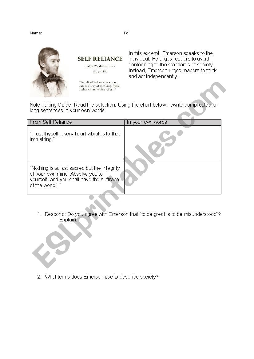 Self Reliance Excerpt worksheet