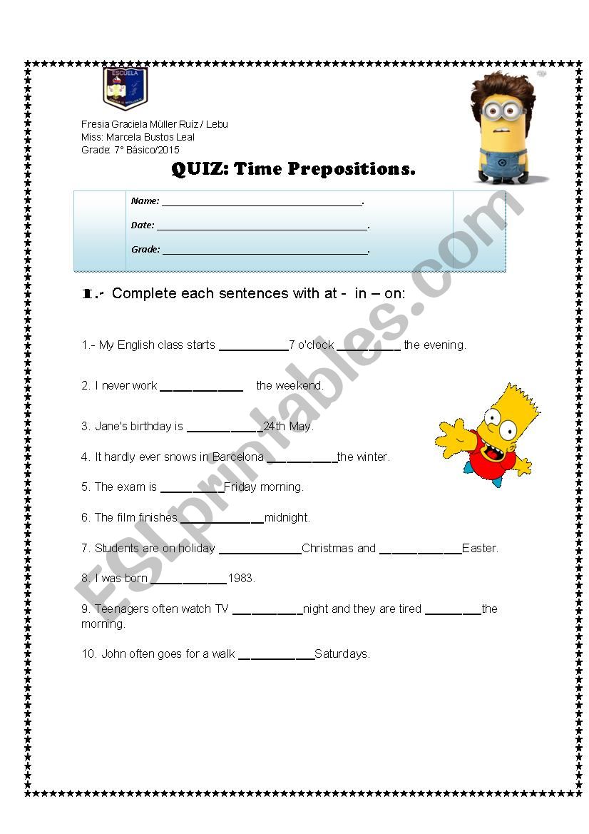 preposition of time worksheet