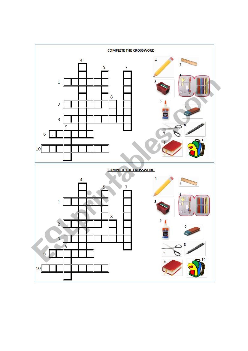 Crossword: school objects worksheet