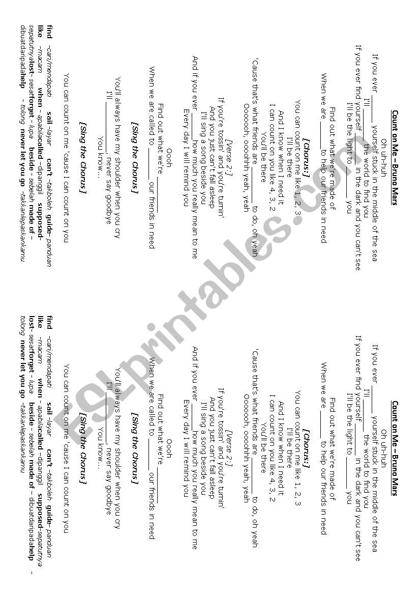 You Can Count on Me Lyrics worksheet