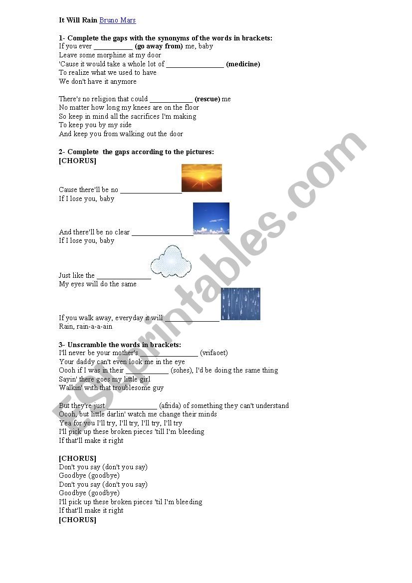 It will rain (Bruno Mars) worksheet