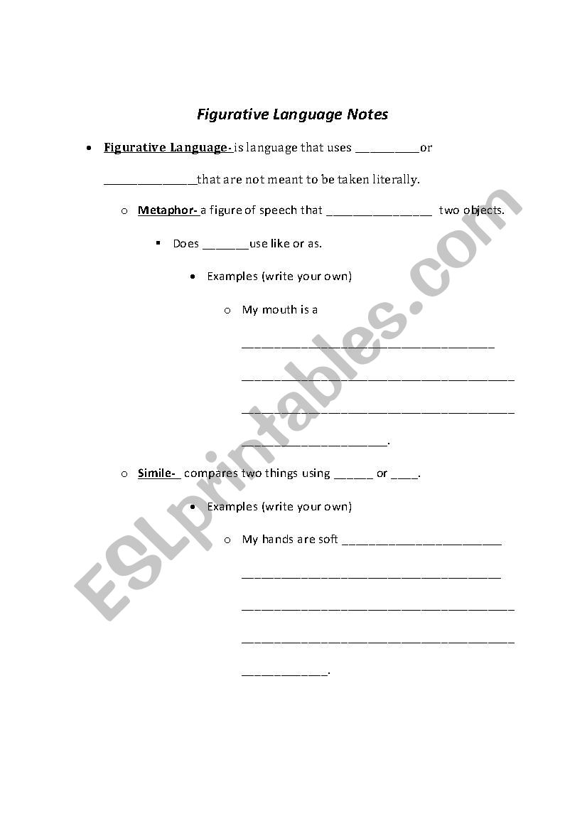 Figurative Language Notes worksheet