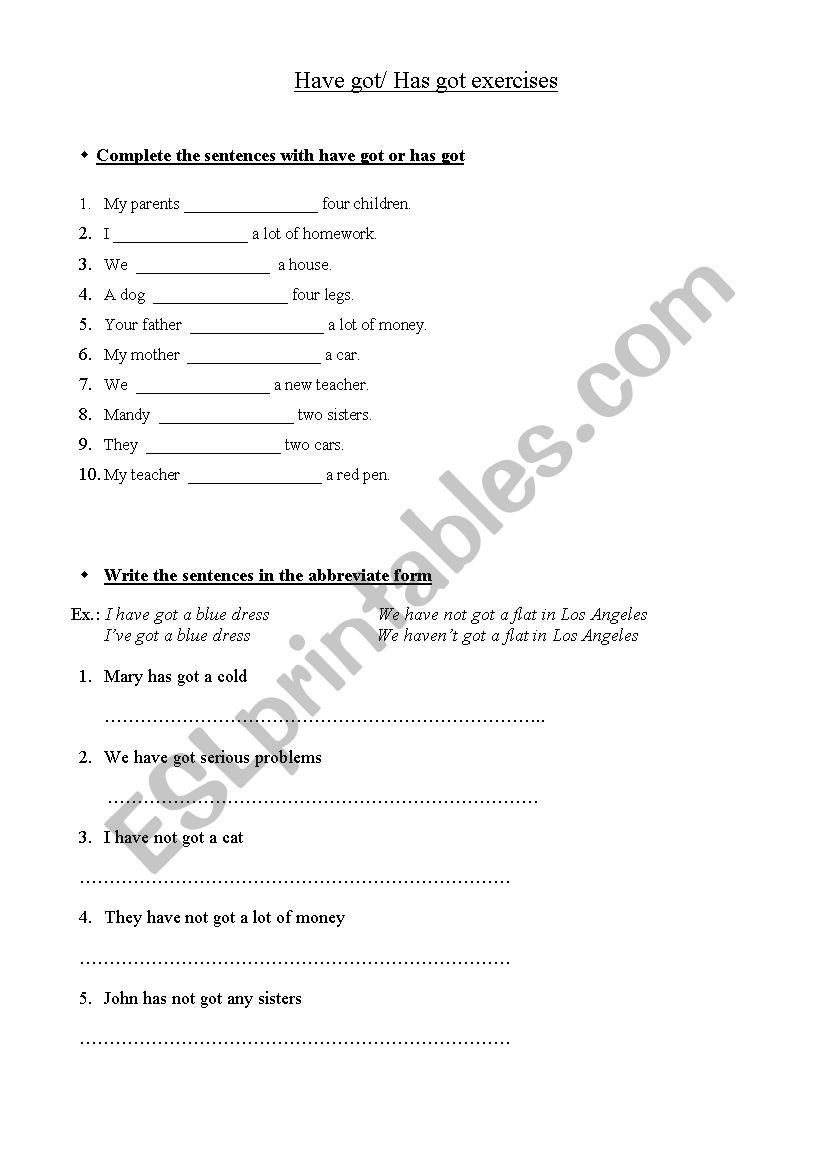 Have got has got exercises worksheet