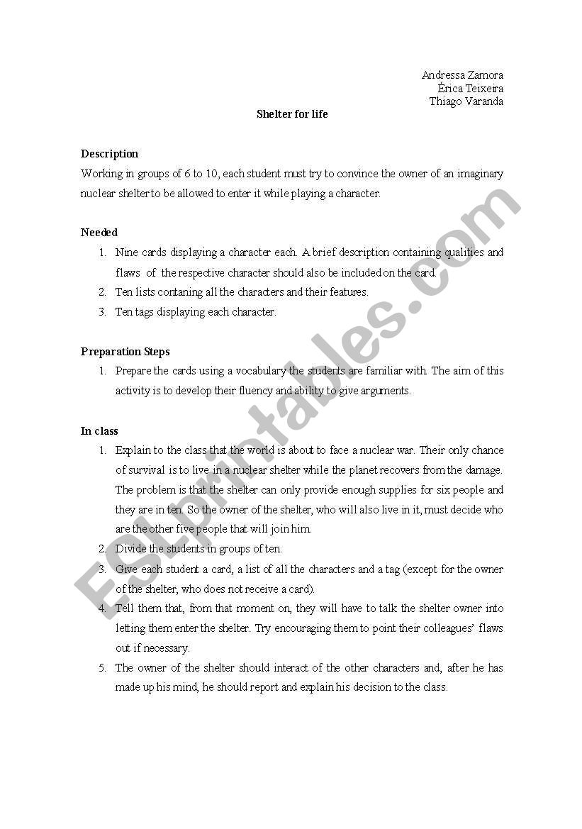 Shelter for Life worksheet