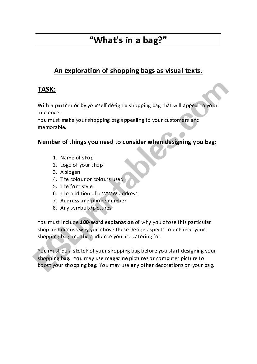 Whats in the bag? worksheet