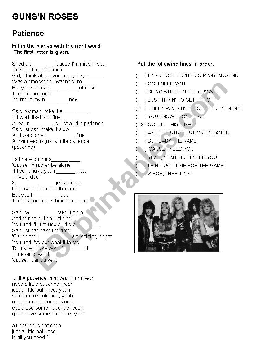 Patience Guns´n Roses Esl Worksheet By Recris