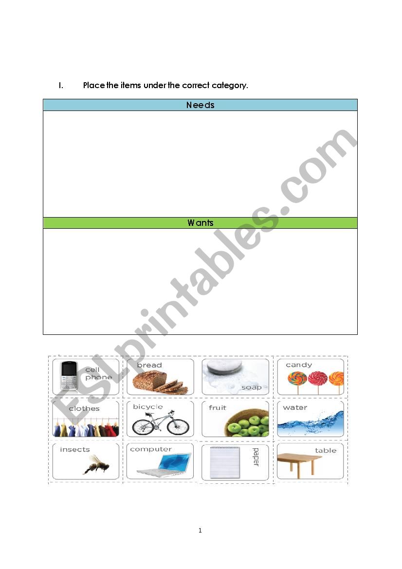 Wants or Needs worksheet