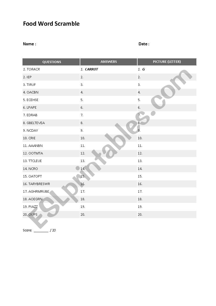 Food Word Scramble and Pictionary