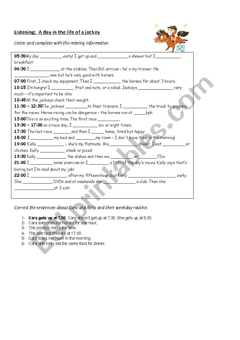 A day in the life of a jockey worksheet