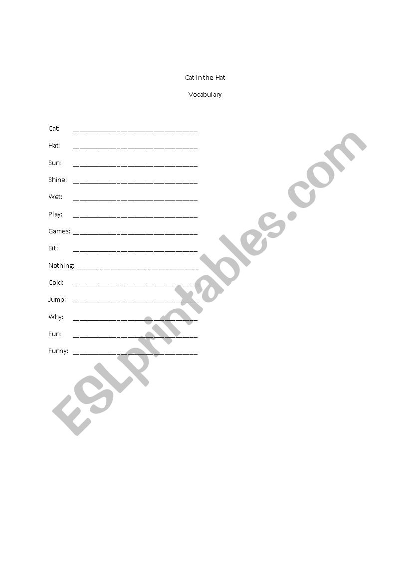 Cat in the Hat Vocabulary worksheet
