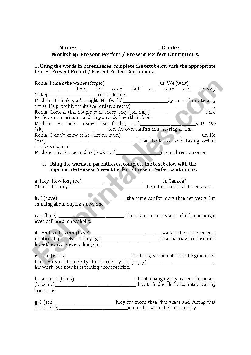 Present perfect worksheet worksheet