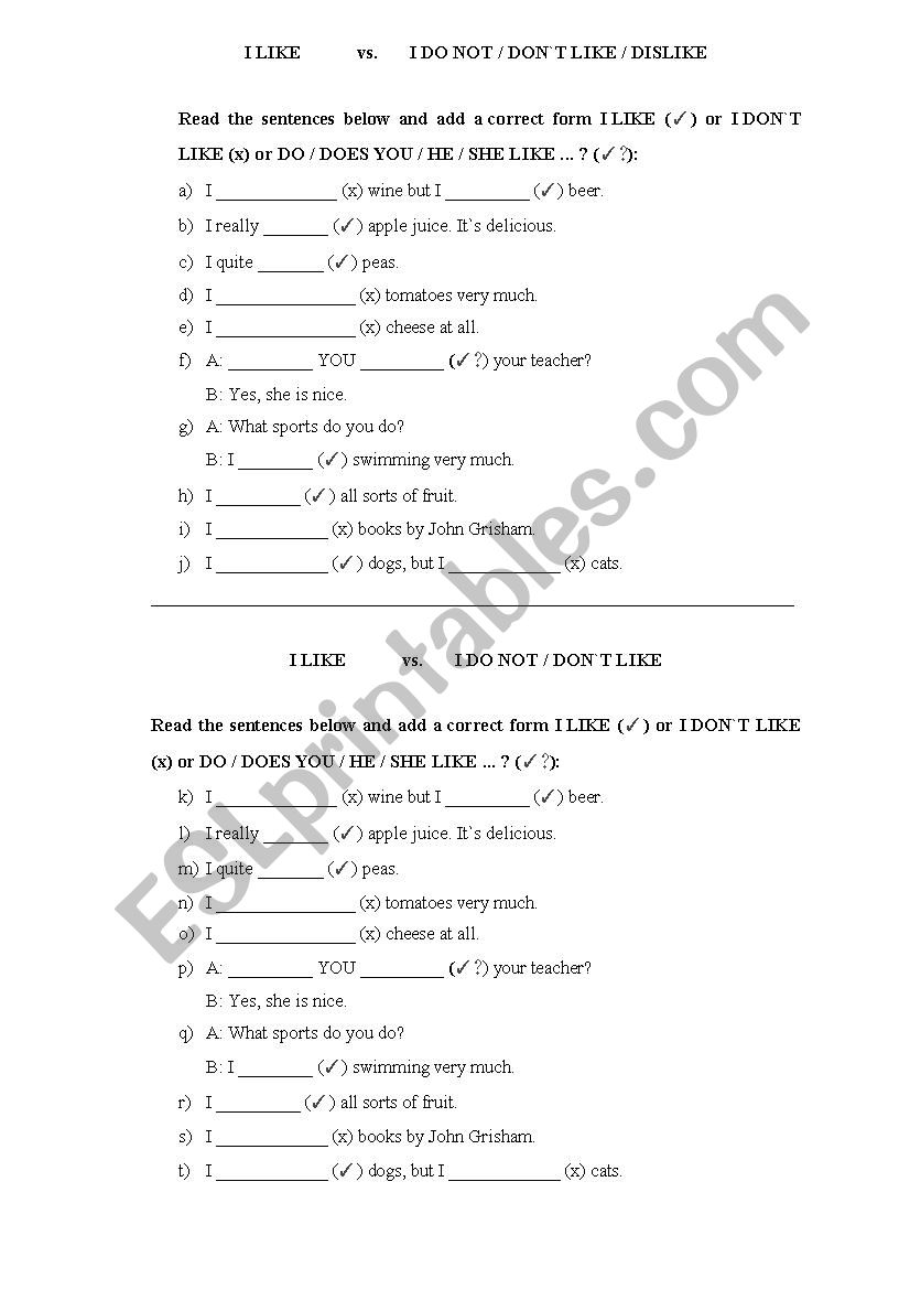 I like/ don´t like - ESL worksheet by lilu44