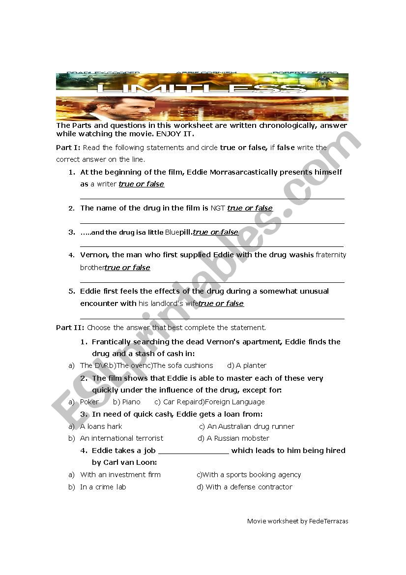 Limitless Movie Worksheet worksheet