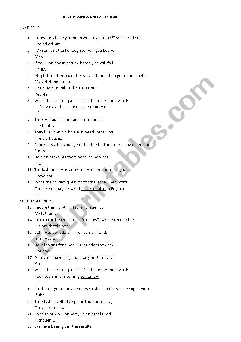 PAEG REPHRASINGS: REVIEW worksheet