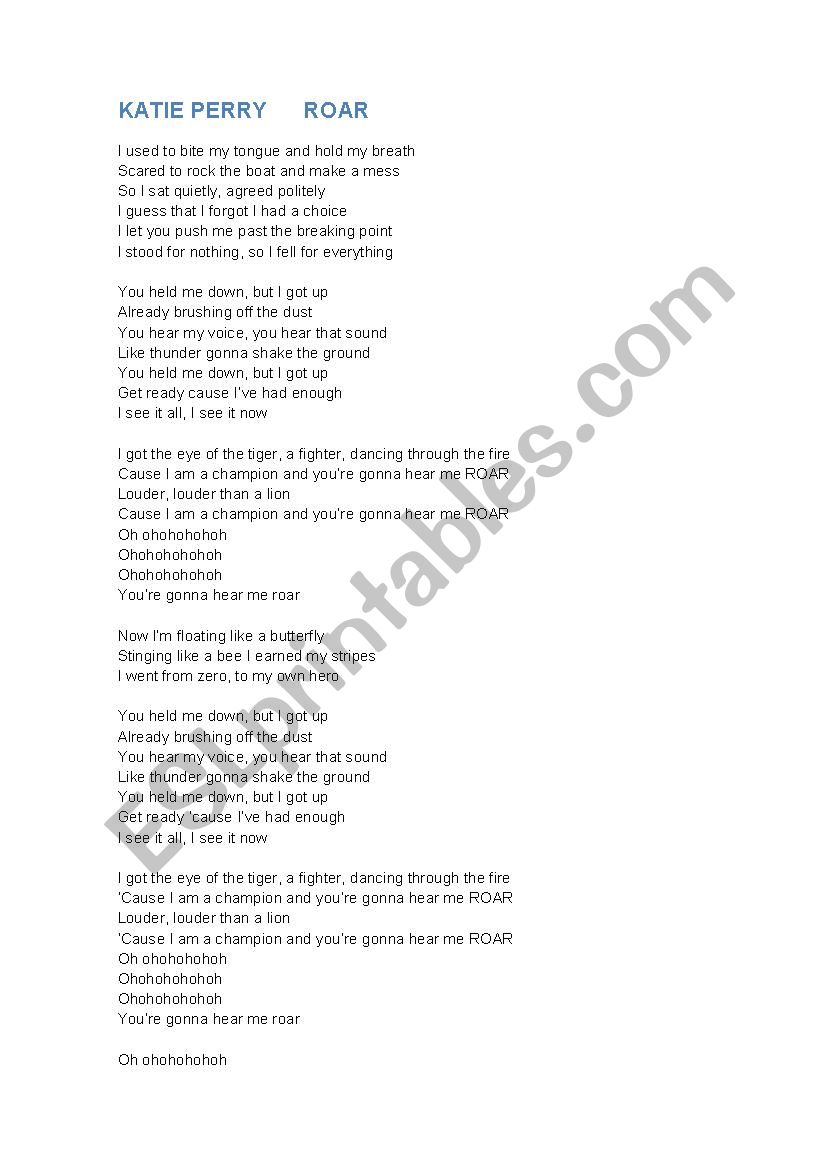 Song Roar Katy Perry - vocabulary practice - ESL worksheet by caiomachado