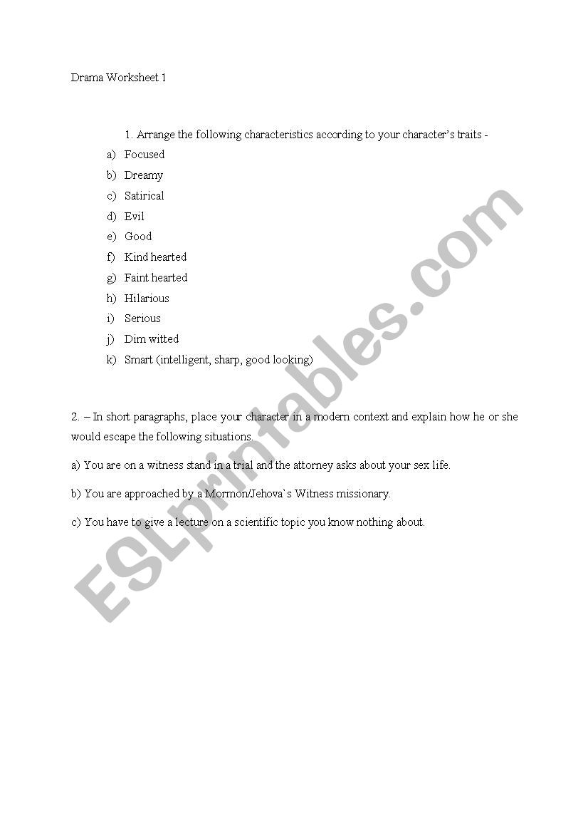 Drama Worksheet - ESL worksheet by SeraphimCarbajal